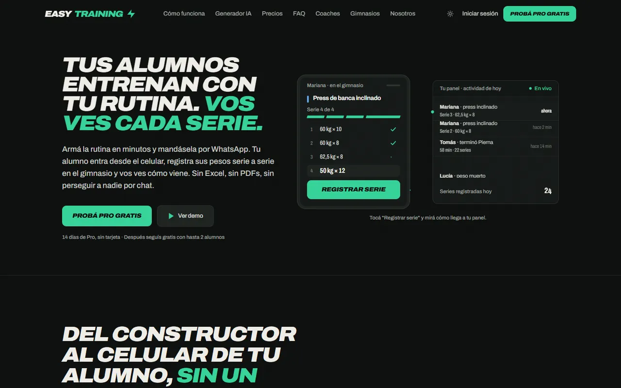 Sitio público de EasyTraining: app para entrenadores, con el registro de series del alumno y el panel de actividad del entrenador.