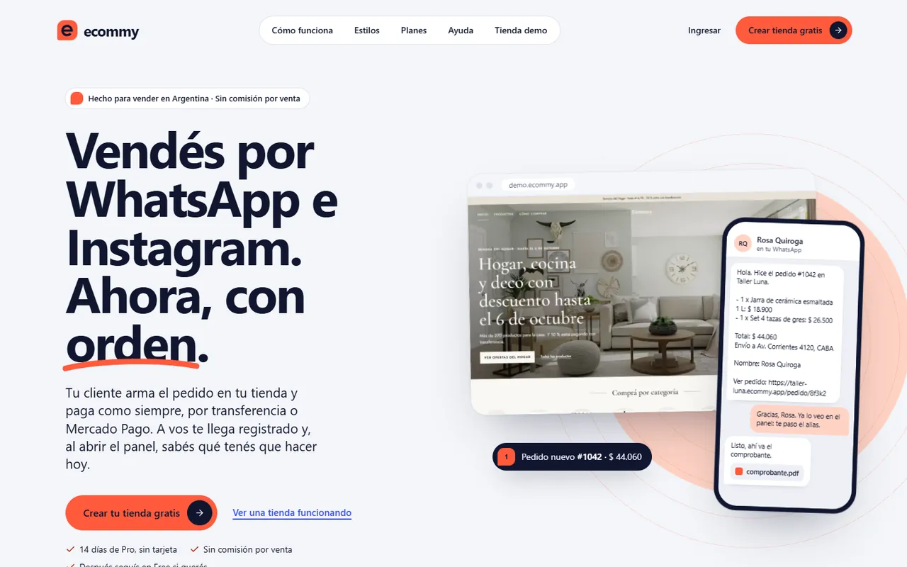 Sitio público de Ecommy: plataforma para crear tiendas online, con una tienda de ejemplo y un pedido que llega por WhatsApp.