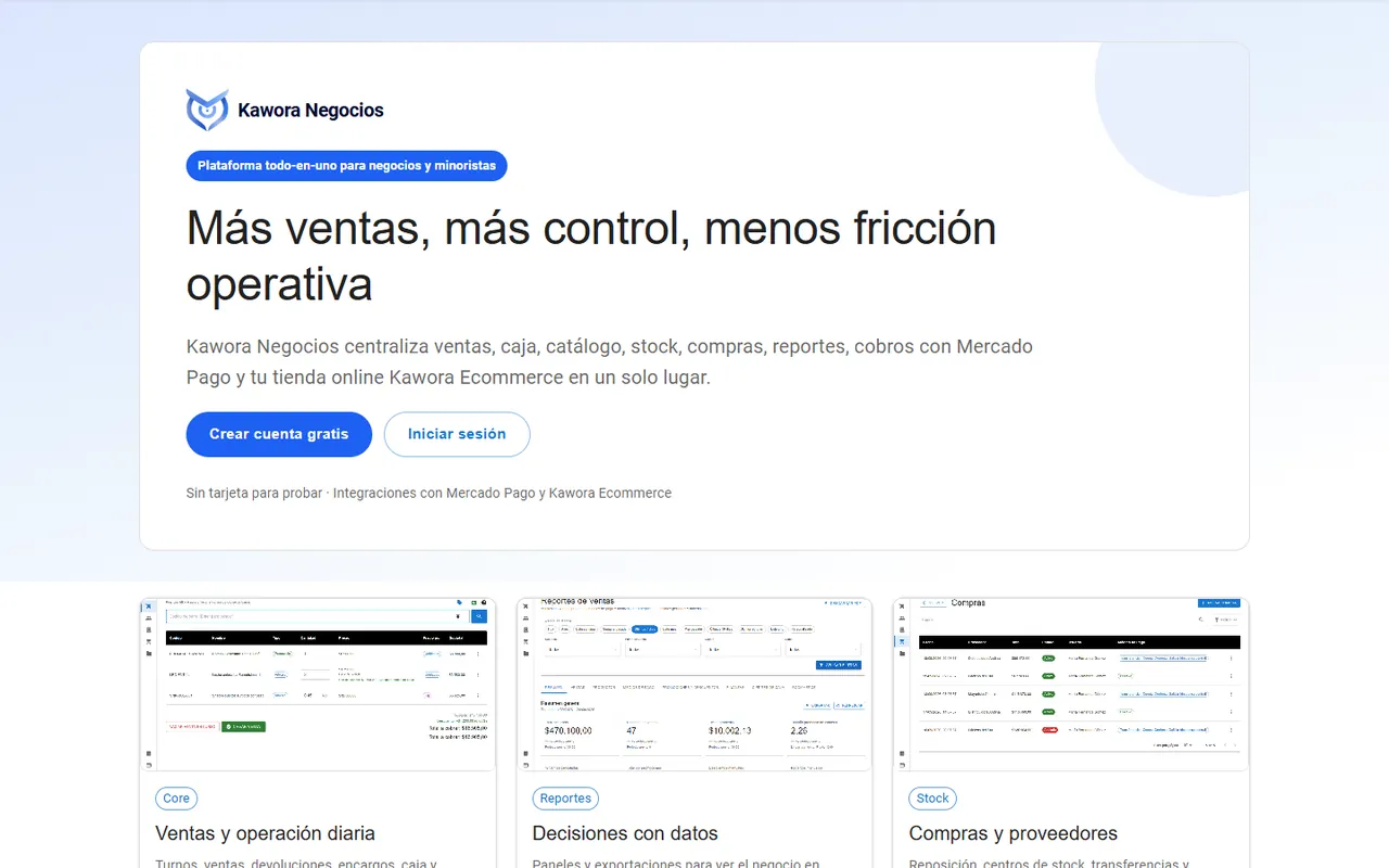 Sitio público de Kawora Negocios: plataforma todo en uno para negocios y minoristas, con capturas de ventas, reportes y compras.